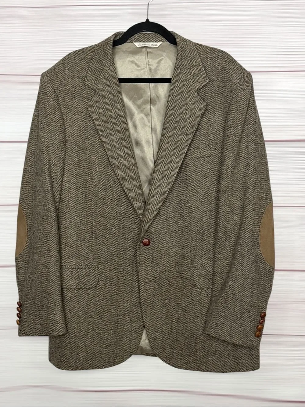 Stafford 44L Herringbone Tweed Sport Coat Wool Lambswool Suede Elbow Patches USA